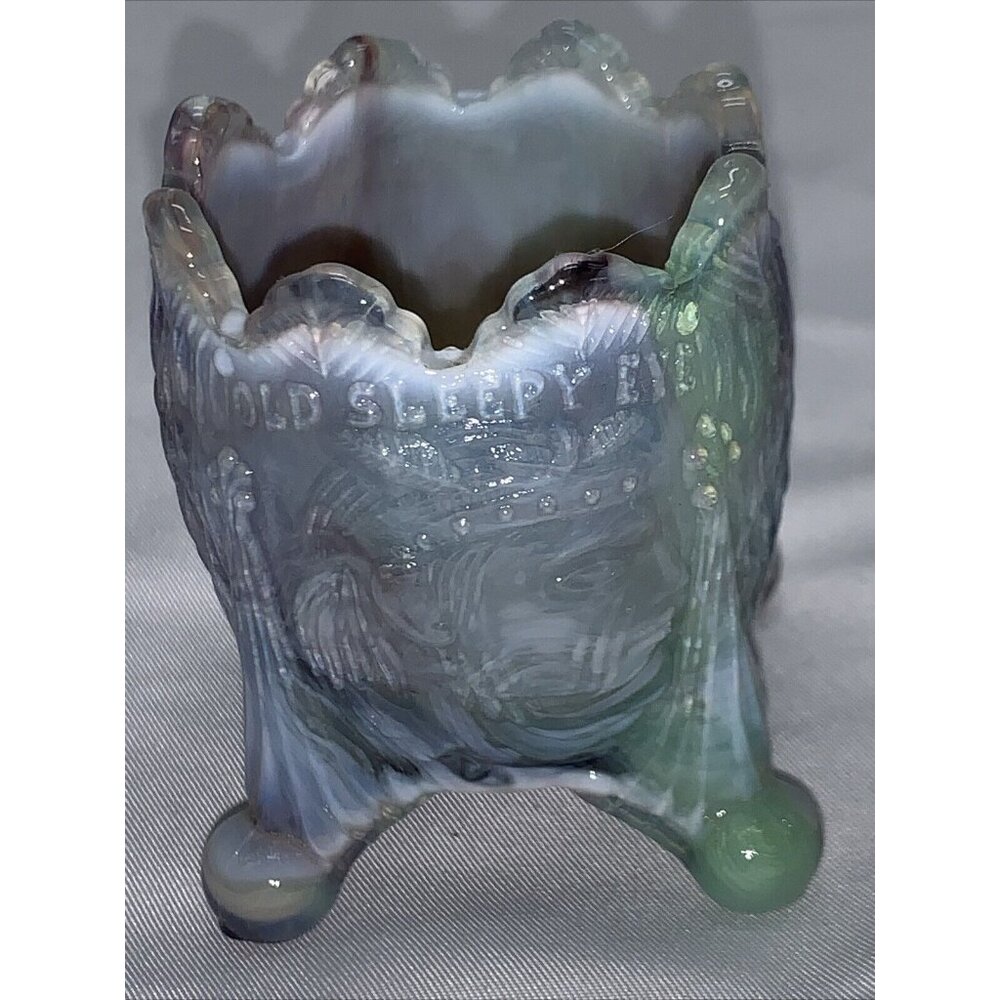 “Old Sleepy Eye Indian” Glass Toothpick Holder Bennett Guernsey Glows Green